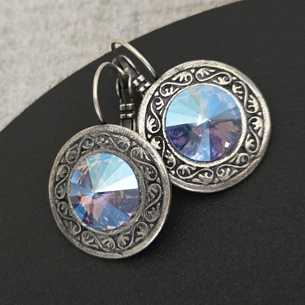 Austrian Crystal Earrings in Antique Silver